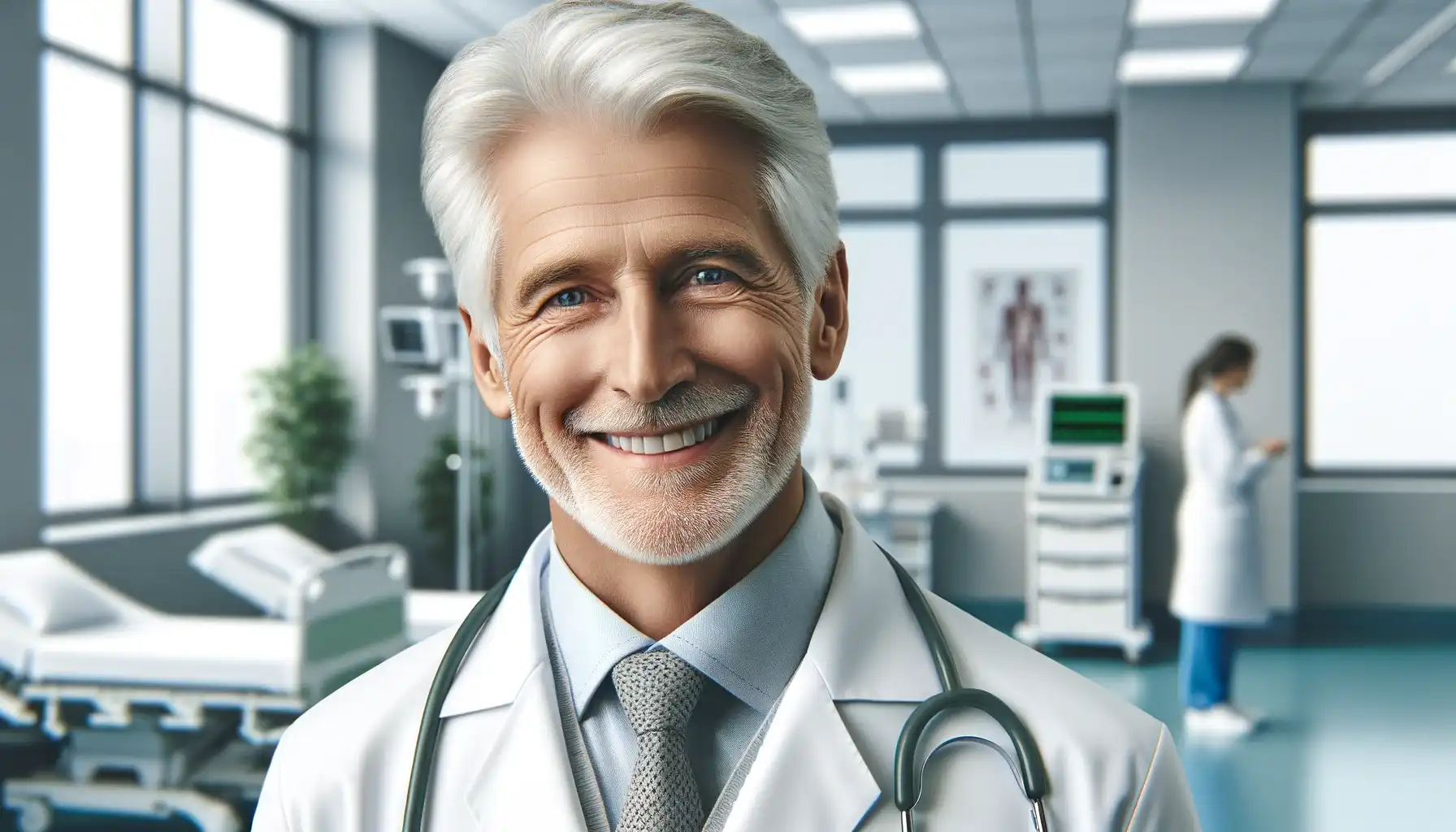  An elderly male doctor smiling inside a hospital. The doctor is wearing a white lab coat with a stethoscope around his neck. The background shows a hospital setting with medical equipment and windows showing daylight.