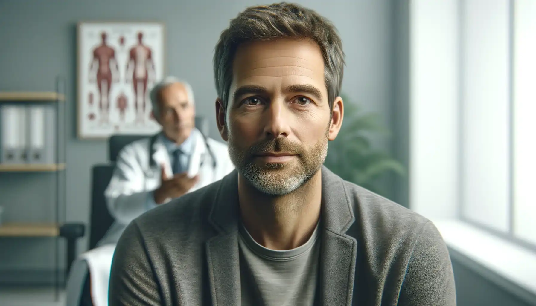 A middle-aged man in a doctor’s office. The focus is on the man wearing casual clothes. The image of the male doctor is blurred in the background.
