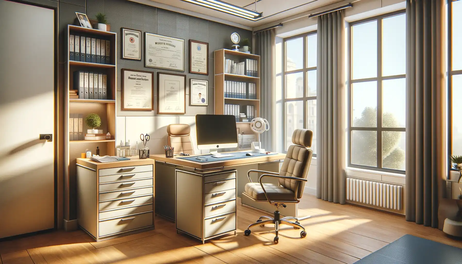 The inside of a hospital building, specifically a doctor's office. The office is well-equipped and modern, featuring a large desk with a computer, medical books, and a stethoscope. The walls are adorned with medical certificates and educational posters. A large window provides natural light. 