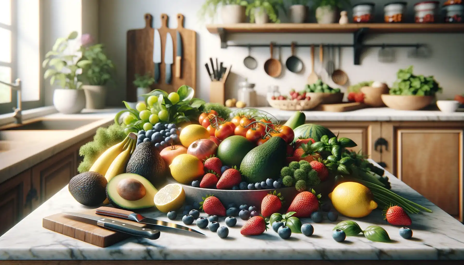 A kitchen table laden with an assortment of fruits and vegetables. This scene includes a variety of colorful produce like avocados, strawberries, blueberries, lemons, and a bunch of fresh herbs.