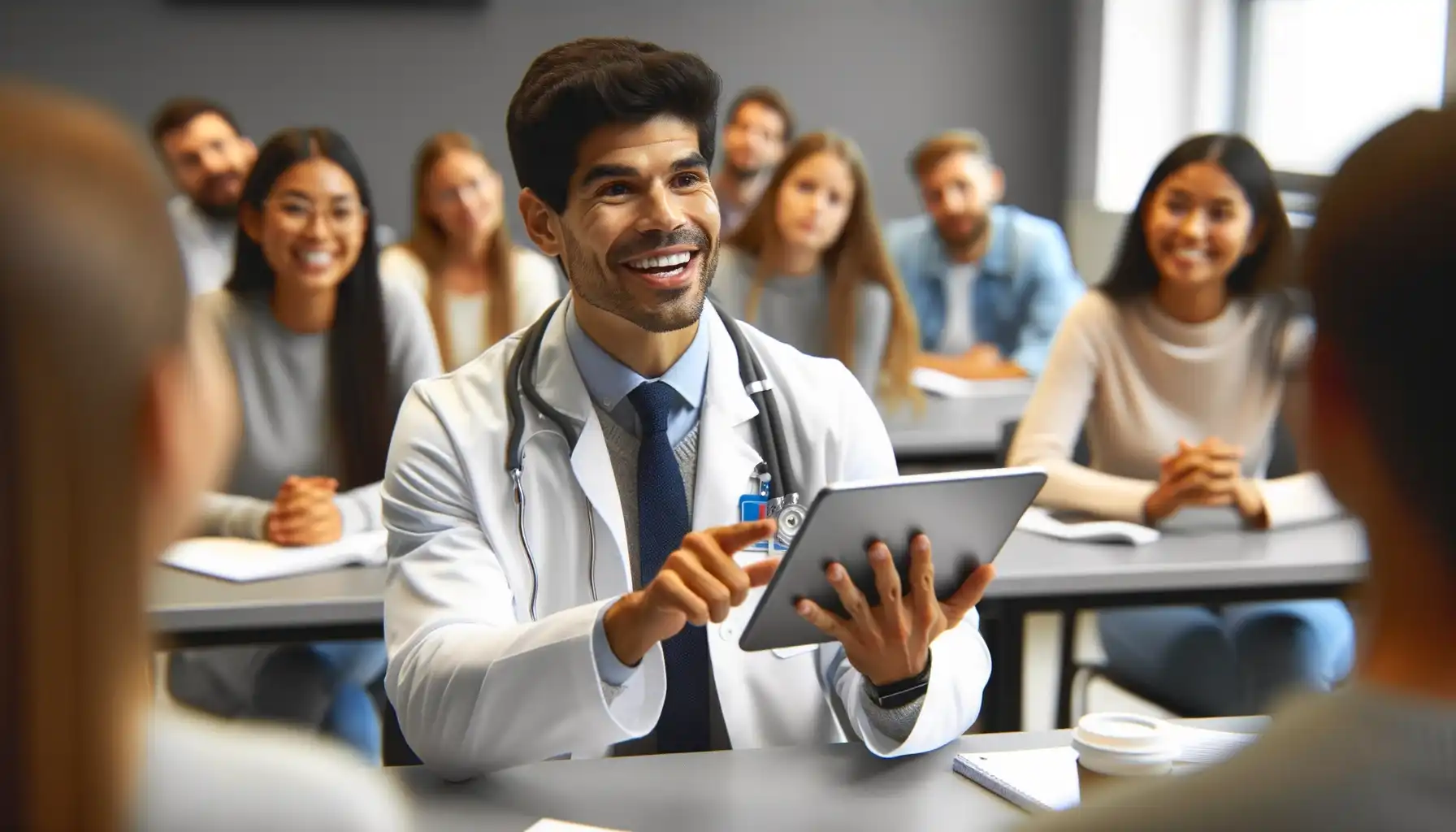 An adult medical student explains something during a lecture and smiles.