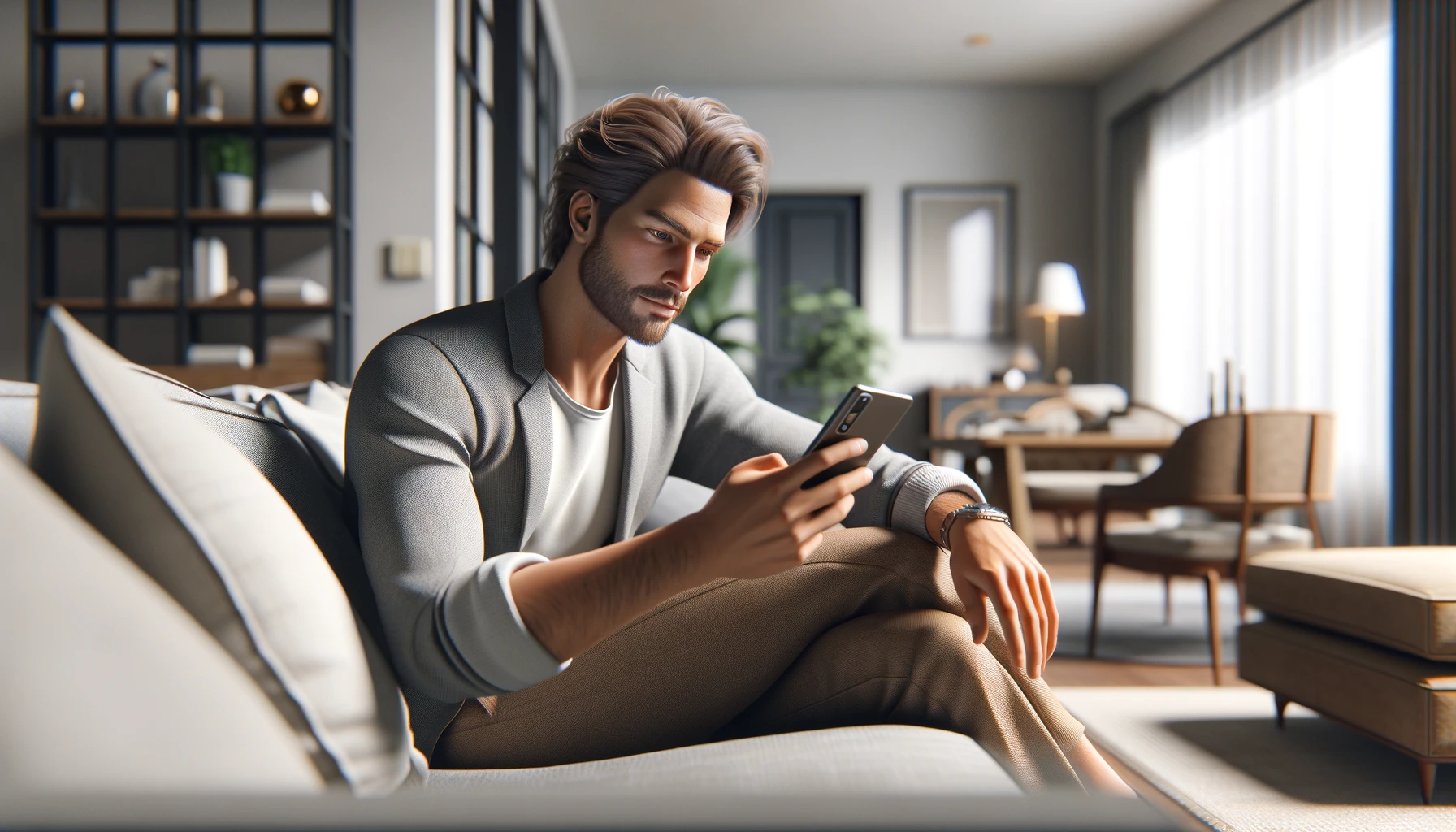 a man working on his smartphone in the living room. He uses a track location app.