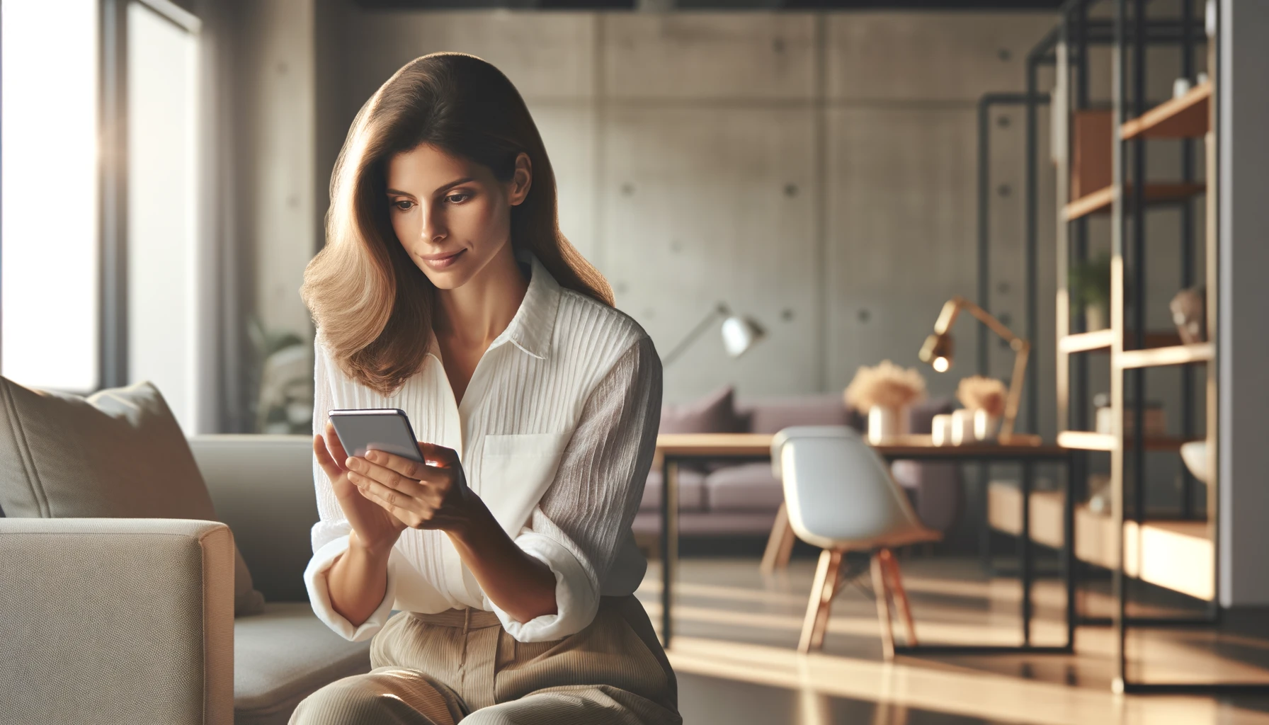 woman working on her smartphone in the living room. She uses a Life 360 alternative.