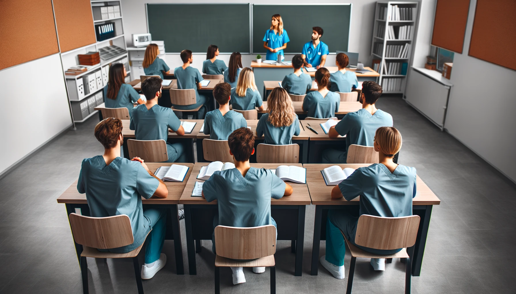 small group of medical students sitting at desks in a classroom during a lesson.