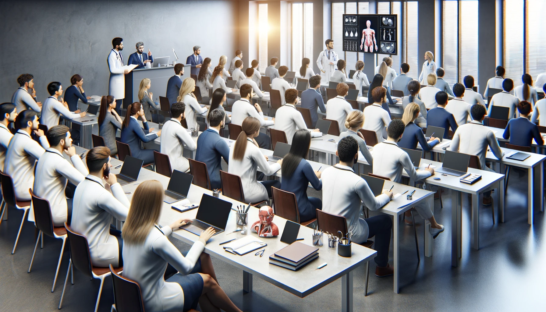 medical students in a classroom setting, focusing on their engagement and interaction during a lecture