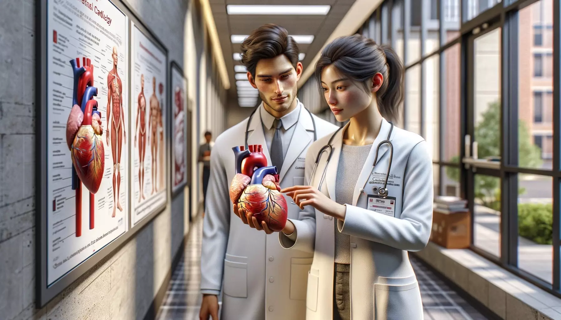 A group of young medical students are standing in the corridor of the university