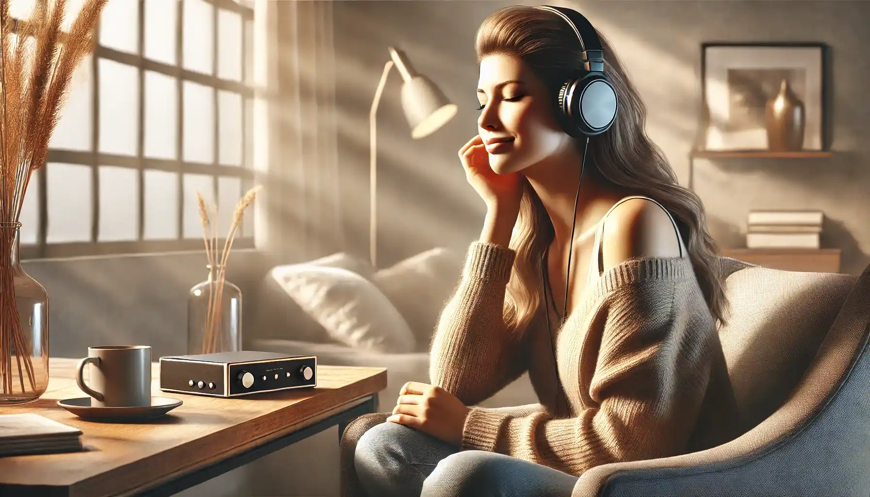 A young medical student is enjoying listening to music in a cozy, modern room after her courses to relax and stay calm . She is seated comfortably on a chair, wearing headphones, with a peaceful expression on her face.