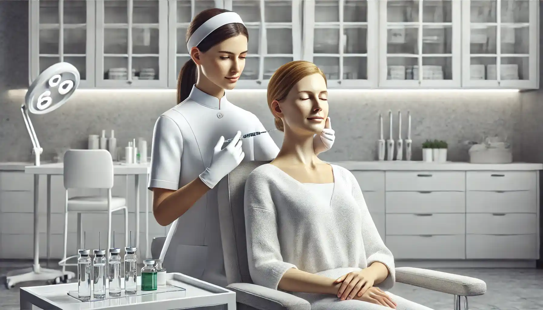 an aesthetic nurse performing a Botox injection on a client in a modern, well-lit medical spa.