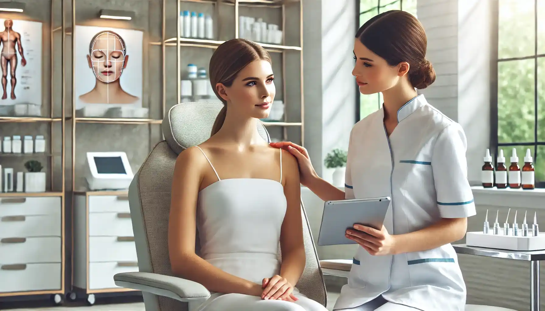 an aesthetic nurse consulting with a client in a modern medical spa.
