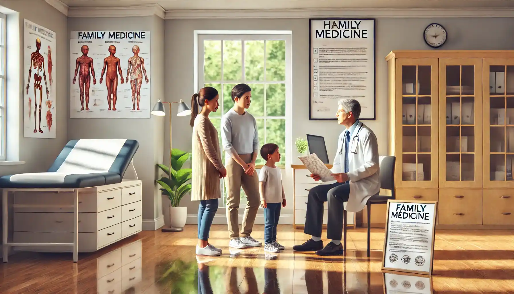 a family medicine clinic, showing a doctor consulting with a family of three. 