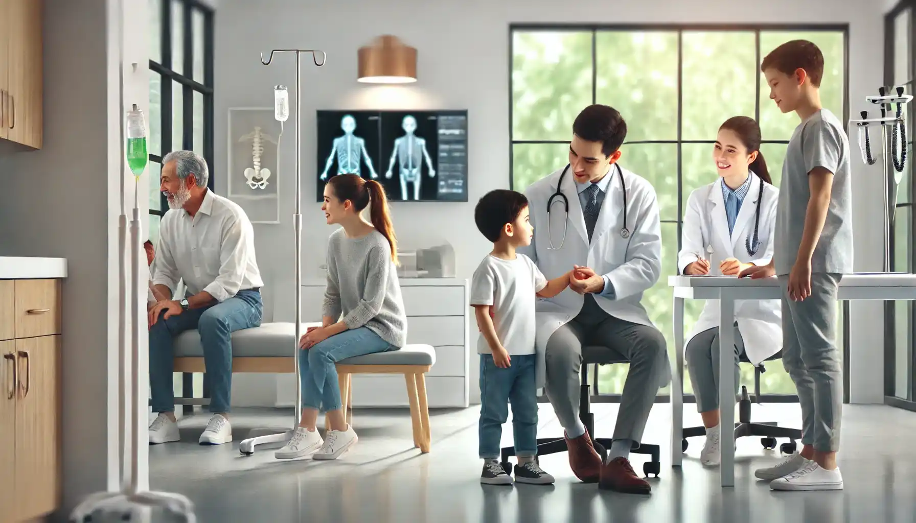 :a family medicine doctor conducting a routine check-up on a young child while the parents look on.