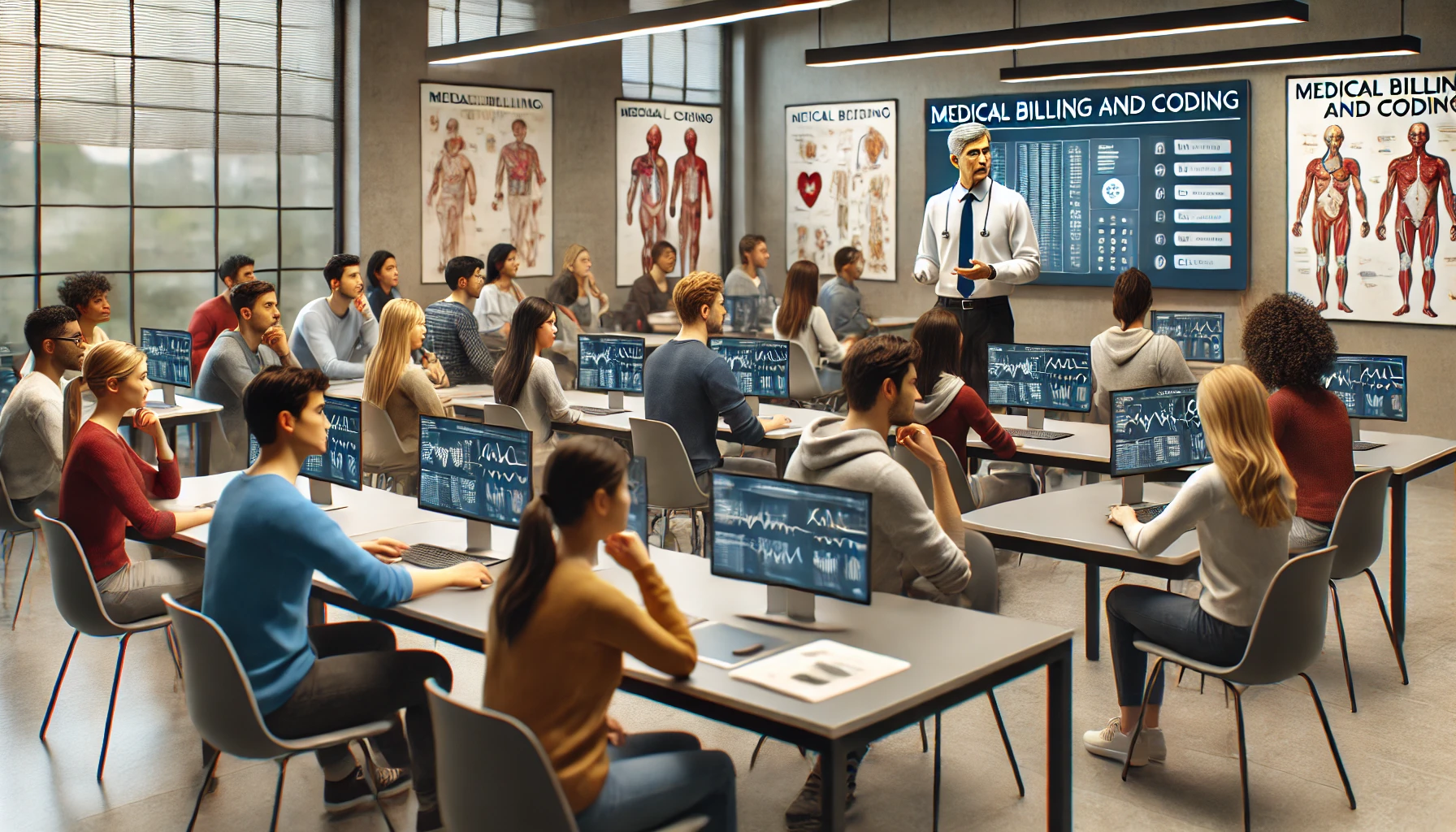 A modern classroom setting with diverse students focused on learning about medical billing and coding.