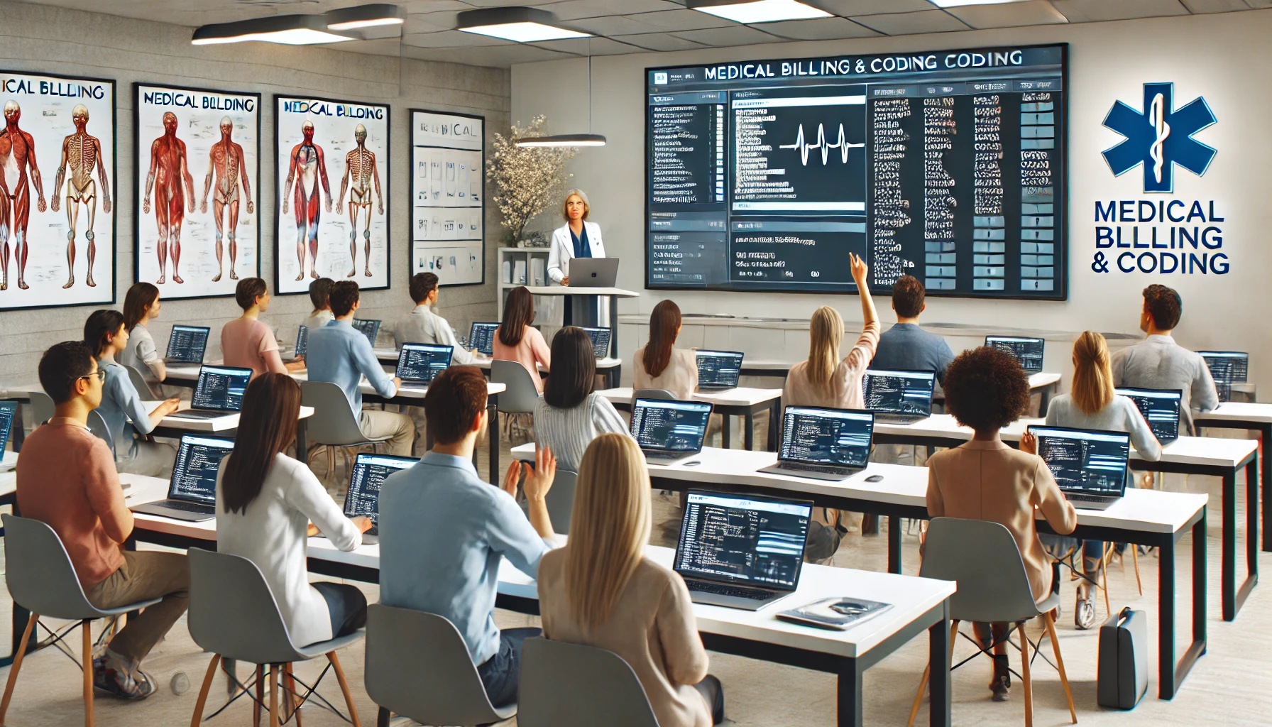 A modern classroom setting focused on medical billing and coding. The classroom features diverse students seated at desks with laptops open, displaying medical coding software.