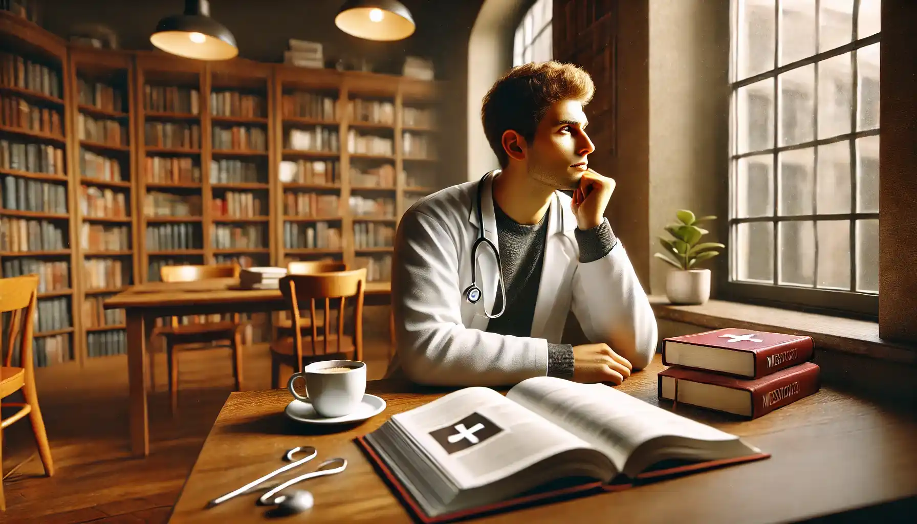 A medical student is taking a break from studying, sitting in a cozy library corner with a cup of coffee.