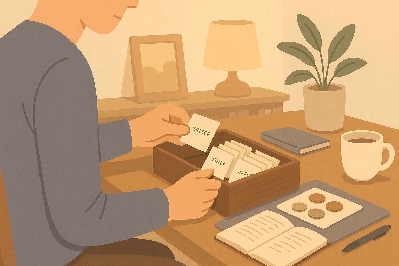 A collector sorts coin cards in his home storage.