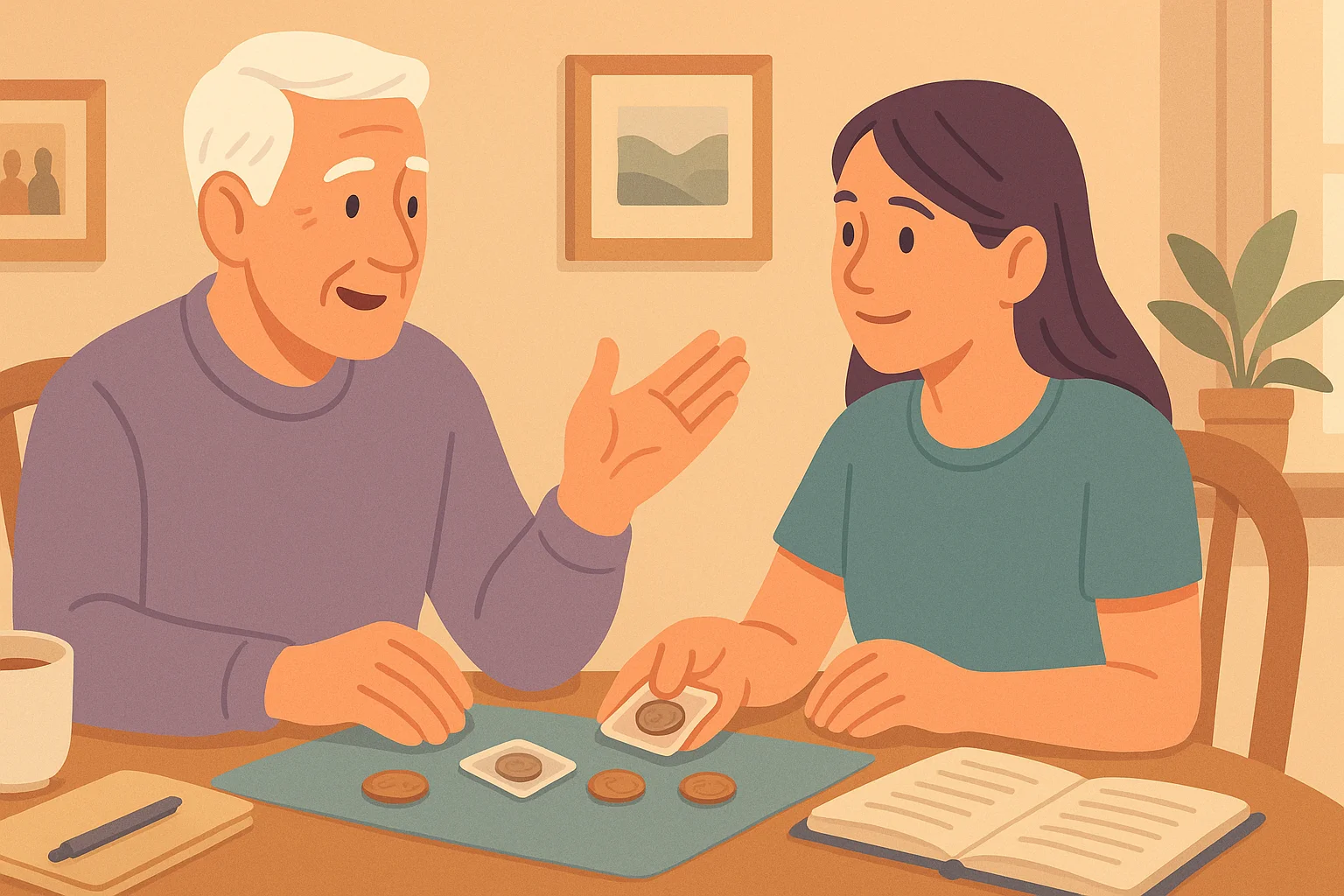  A granddad shares stories about the past and shows coins to a young woman.